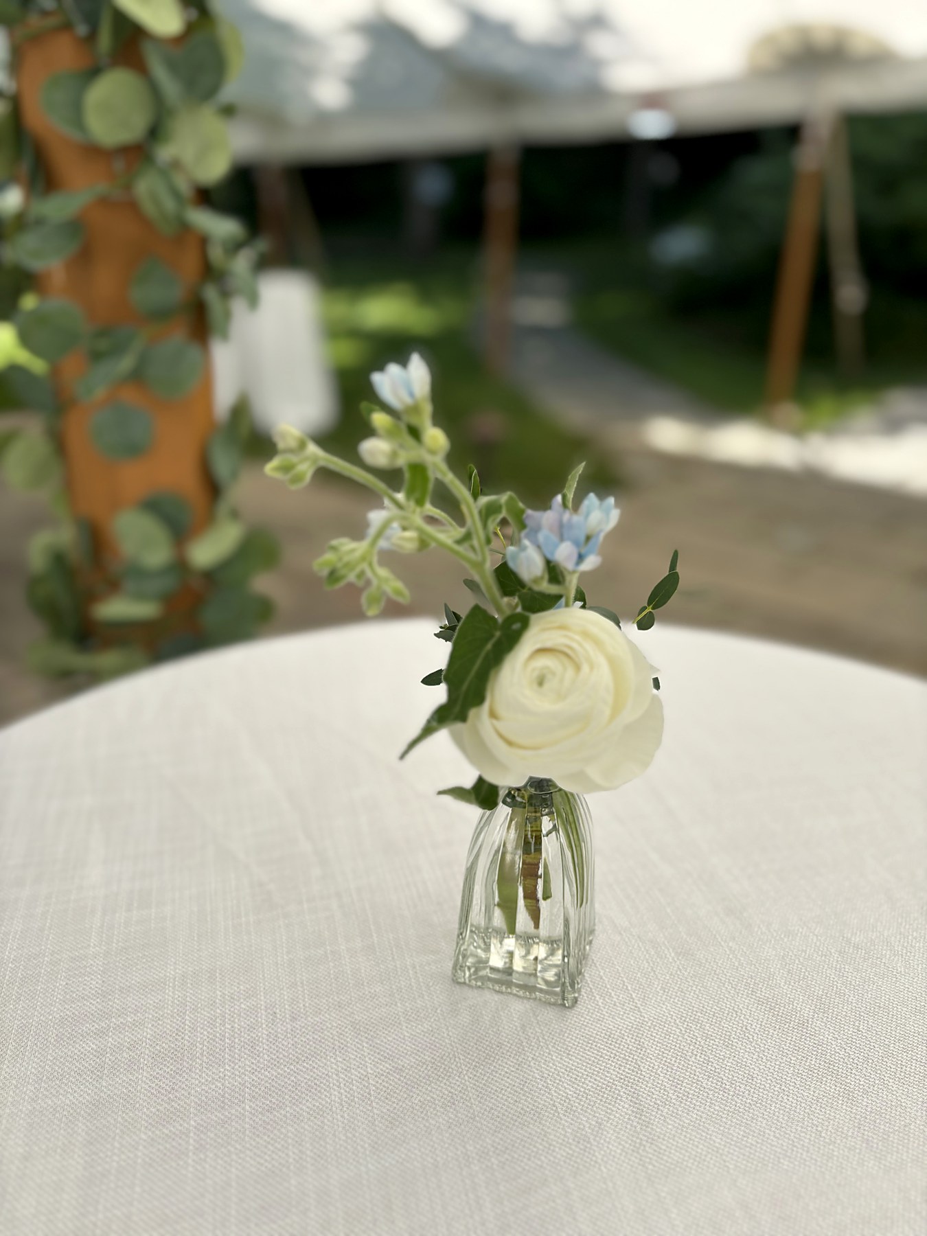 Small bud vase with a white ranunculus and blue delphinium